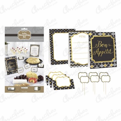 Kit decoracion Buffet plata, dorado, blanco y negro (12 Piezas)